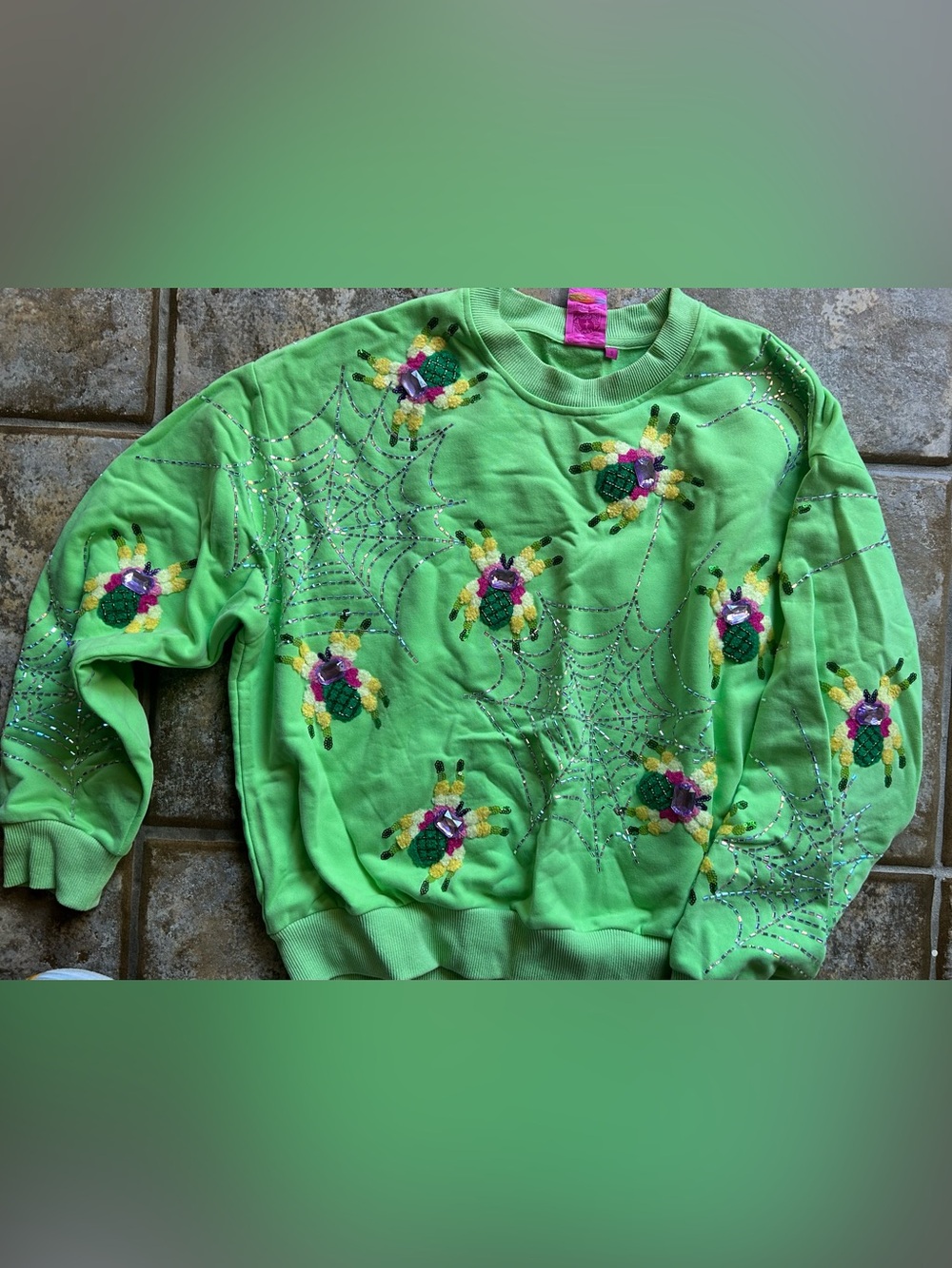 QUEEN OF SPARKLES Neon Green Embellished Spider Web Sweatshirt